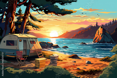 vector illustration of a campsite view on the beach