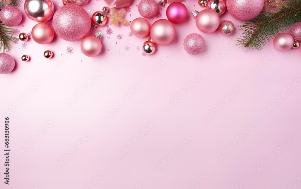 Doll style fresh Christmas pink background with shiny bulbs and pine tree branches at the top Doll style fresh Christmas pink background with shiny bulbs and pine tree branches at the top