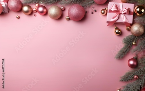 Elegant Christmas warm toned pink background with glitter, bubbles, gifts and pine tree branches. Copy space.