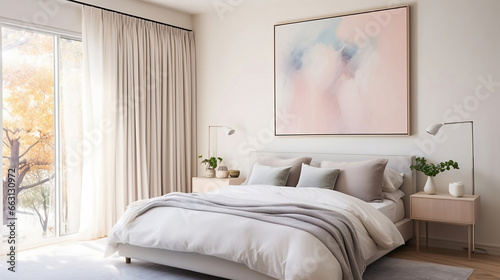 Intimate Side View: Pastel Minimalist Newlywed Bedroom Featuring Framed Art © ByungWook