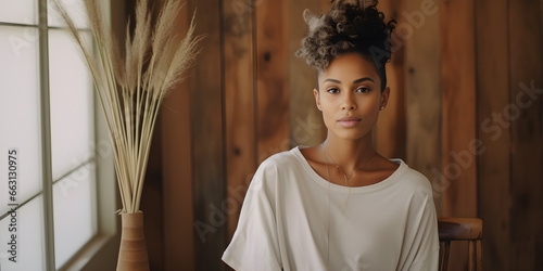 A dark-skinned model wearing a white T-shirt against a background of a wooden wall. Yoga. Mortification.