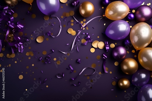 Bright colored balloons with confetti on a purple background
