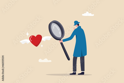 Find your passion, discover, search for happy career, job or purpose, motivation or inspiration to success, happiness or opportunity concept, detective look magnifying glass with heart shape passion.