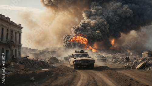 battlefield situation background, there are ruins of buildings, explosion, sand and damaged vehicles