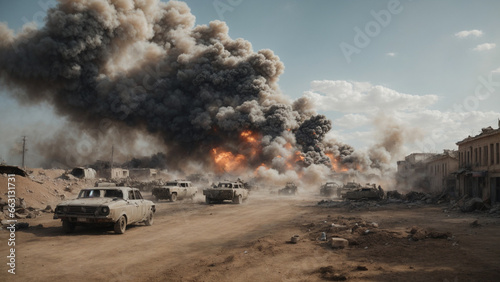 battlefield situation background, there are ruins of buildings, explosion, sand and damaged vehicles © Kitostd