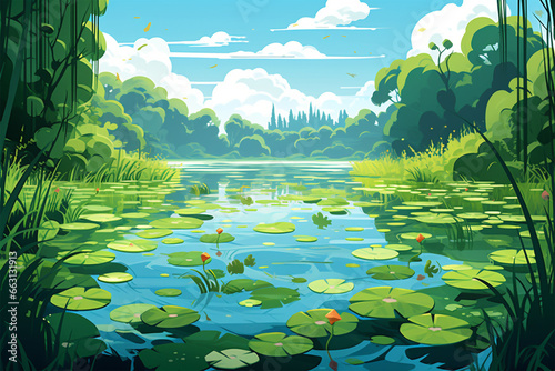 vector illustration of a view of aquatic plants in a swamp