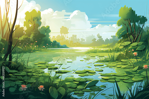 vector illustration of a view of aquatic plants in a swamp