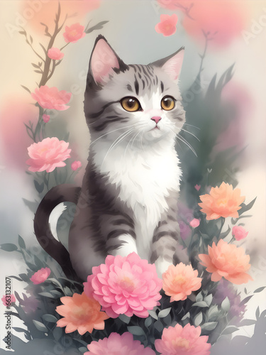Cute cat and pastel flowers,  ai generative © Nonthiya