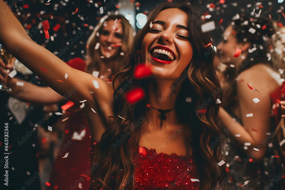 A young beautiful girl is dancing and smiling at a New Year's party in confetti