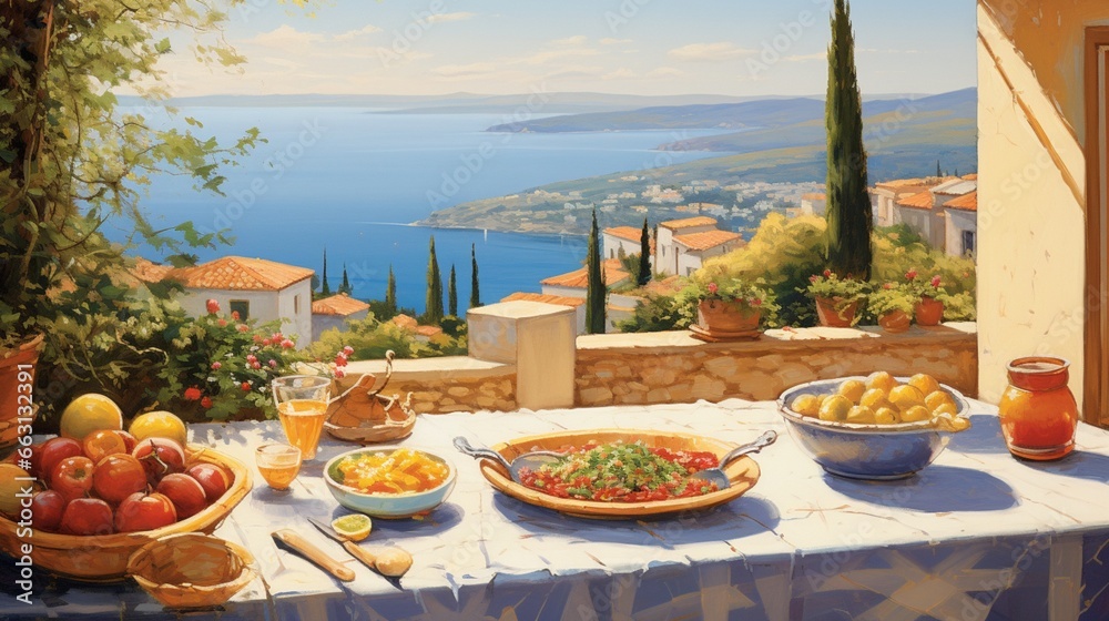 A sunlit Mediterranean terrace, boasting a spread of warm pita, creamy hummus, olives, and vine-ripened tomatoes, with a view of the azure sea in the background