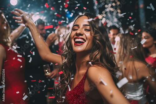 A young beautiful girl in a red dress is dancing and smiling at a New Year's party in confetti
