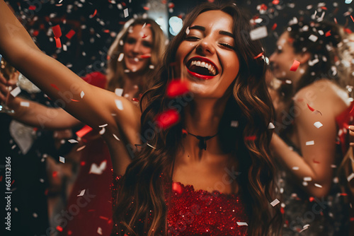 A young beautiful girl is dancing and smiling at a New Year's party in confetti