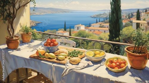 A sunlit Mediterranean terrace, boasting a spread of warm pita, creamy hummus, olives, and vine-ripened tomatoes, with a view of the azure sea in the background