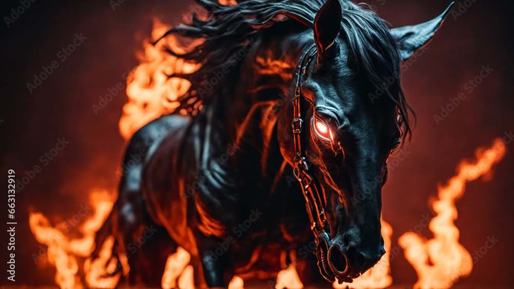 A black horse with a ferocious temperament that had fire coming from its body A black horse with a ferocious temperament that had fire coming from its body