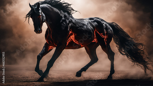 A black horse with a ferocious temperament that had fire coming from its body