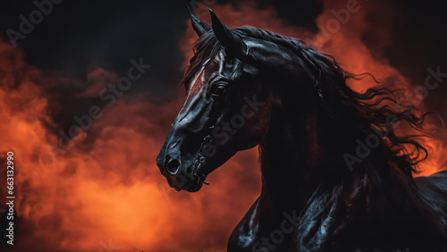 A black horse with a ferocious temperament that had fire coming from its body