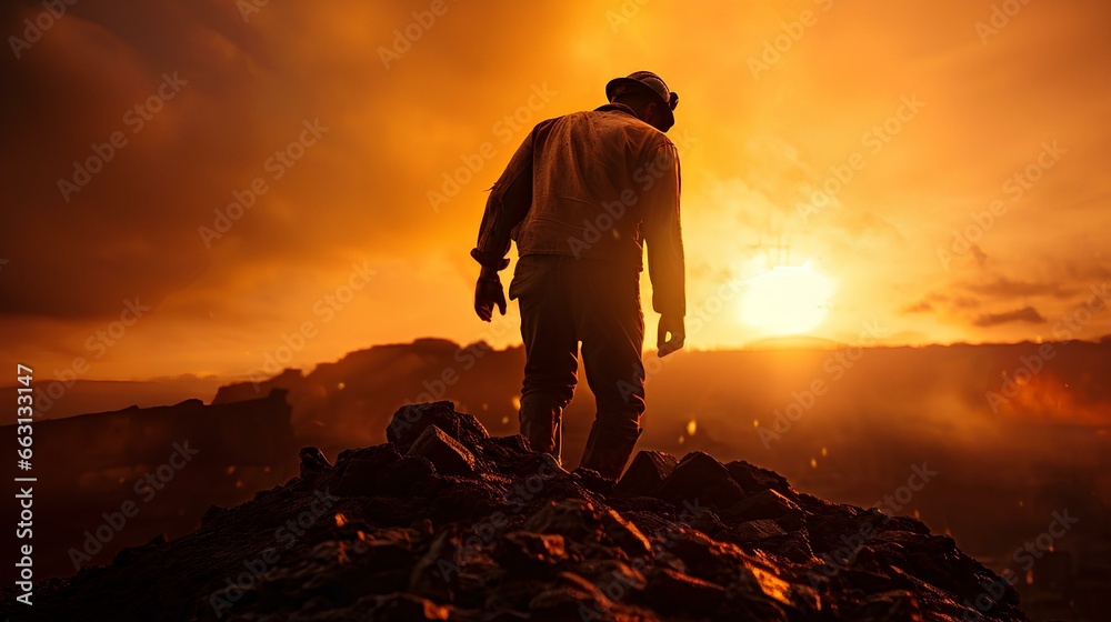 A male miner at a coal mining enterprise, standing on a pile of coal against the sunset. - obrazy, fototapety, plakaty 