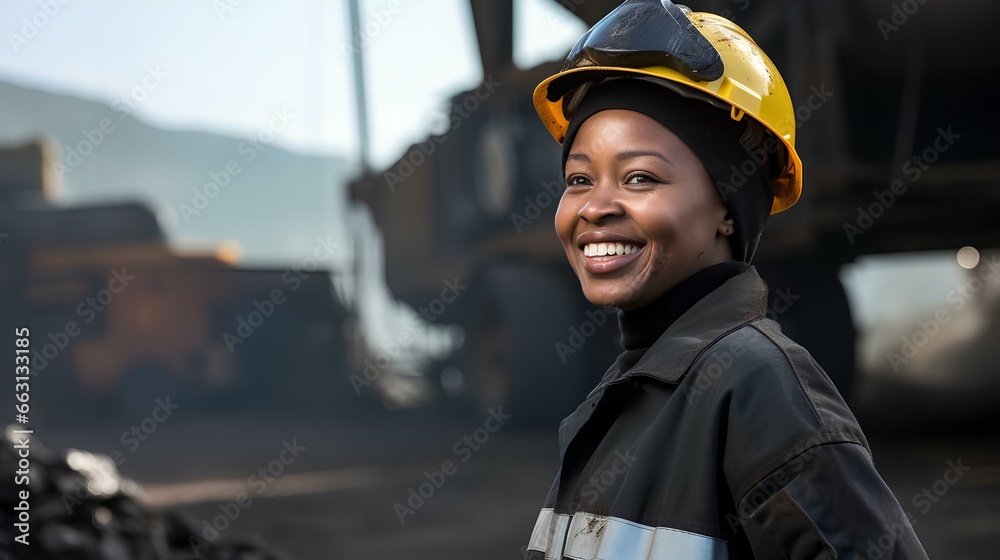 A smiling African-American woman is a miner in a hard hat, a worker in the coal mining industry. - obrazy, fototapety, plakaty 