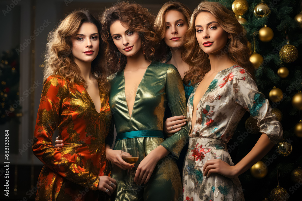 four beautiful women in evening dresses who celebrate the new year or Christmas at home party