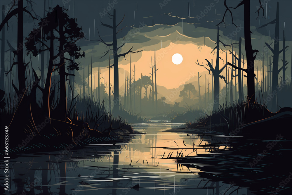vector illustration of a swamp scene in the forest, green silhouette - obrazy, fototapety, plakaty 