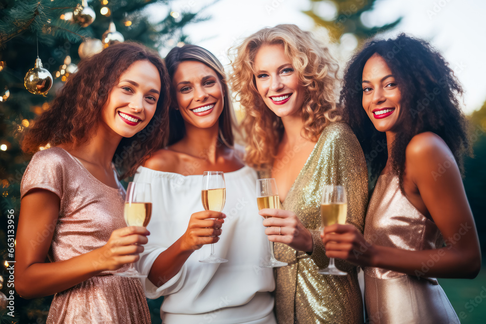 four beautiful mixed race women in dresses who celebrate the new year or Christmas with champagne