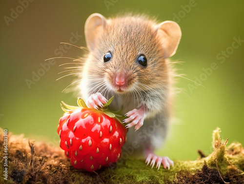 The field mouse dropped on the plant branch and eats the raspberry