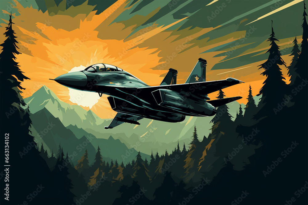 vector illustration of a view of a fighter plane passing through the air - obrazy, fototapety, plakaty 