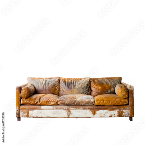 An old leather sofa, showing off its worn textures and patina, isolated on transparent background.