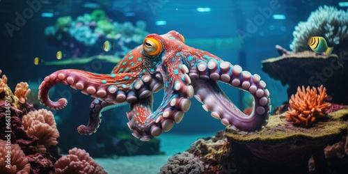 a beautiful giant octopus around beautiful colorful coral, AI Generative photo