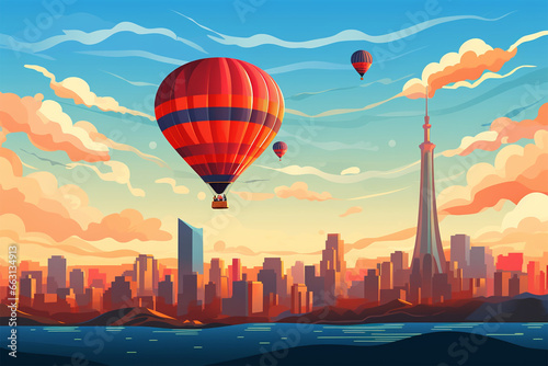 vector illustration of a hot air balloon view over the city