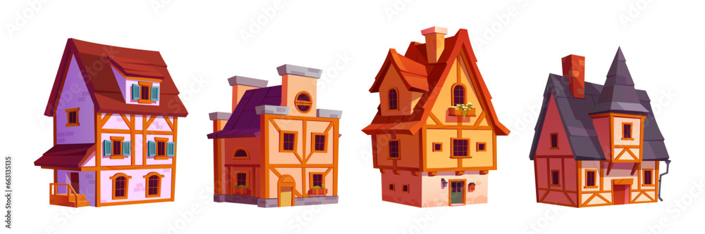 Old traditional germany city street houses. Cartoon vector illustration set of medieval town stone buildings with wooden fachwerk. Half-timbered homes with chimney on roof, doors and windows.