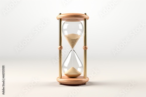 A wooden hourglass with sand isolated on a grey background