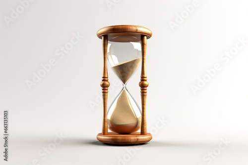 A wooden hourglass with sand isolated on a grey background