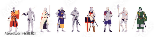 Various medieval knights set. Crusader with sword, shield. Historical soldiers with weapon standing. Ancient warriors in metal armor, helmet. Flat isolated vector illustration on white background