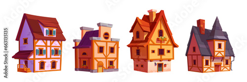 Old traditional germany city street houses. Cartoon vector illustration set of medieval town stone buildings with wooden fachwerk. Half-timbered homes with chimney on roof, doors and windows.