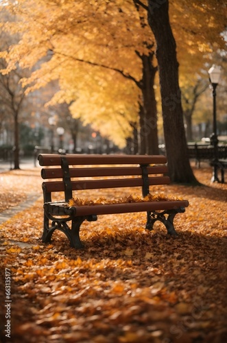 park bench covered in fallen leaves with an empty seat