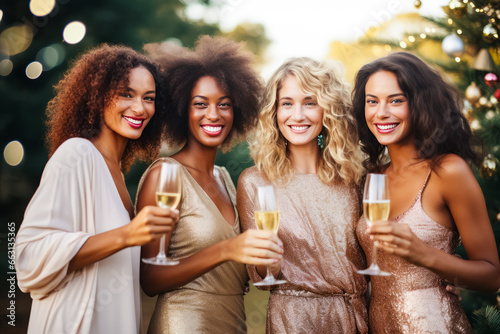 four beautiful mixed race women in dresses who celebrate the new year or Christmas with champagne photo