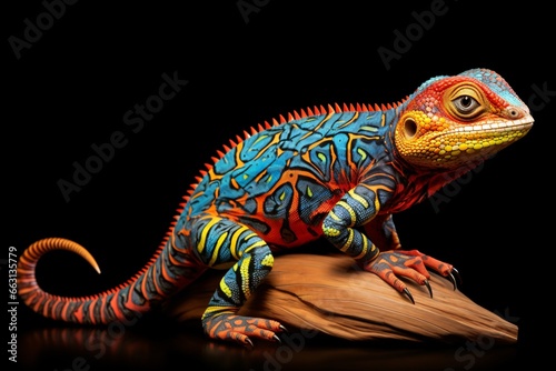 A painted dragon lizard isolated on a black background
