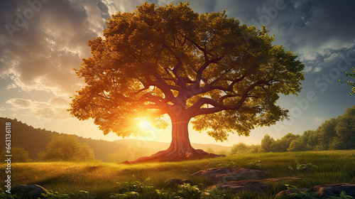 Summer or autumn nature background; big old oak tree against sunlight photo