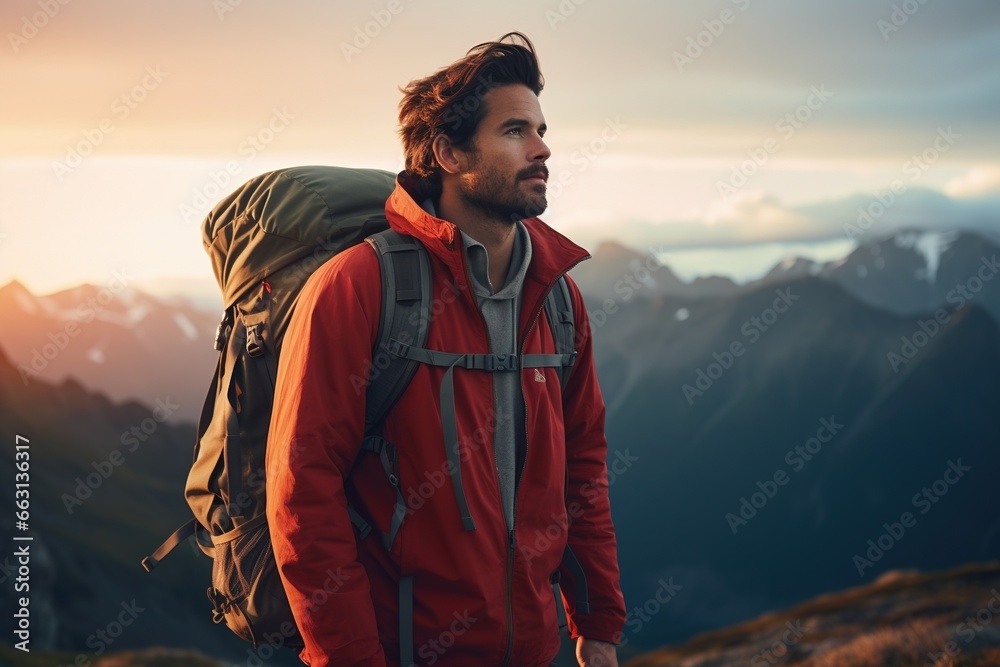 Handsome young man with backpack hiking in the mountains at sunset Handsome young man with backpack hiking in the mountains at sunset