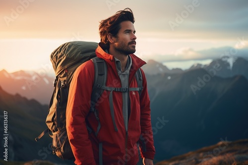 Handsome young man with backpack hiking in the mountains at sunset
