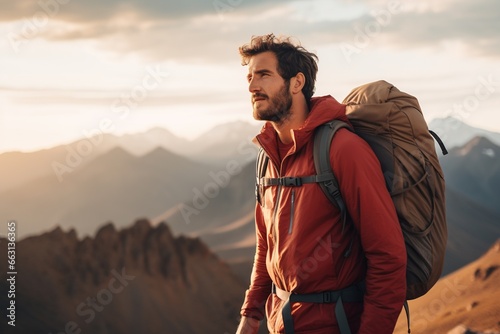 Handsome young man with backpack hiking in the mountains at sunset