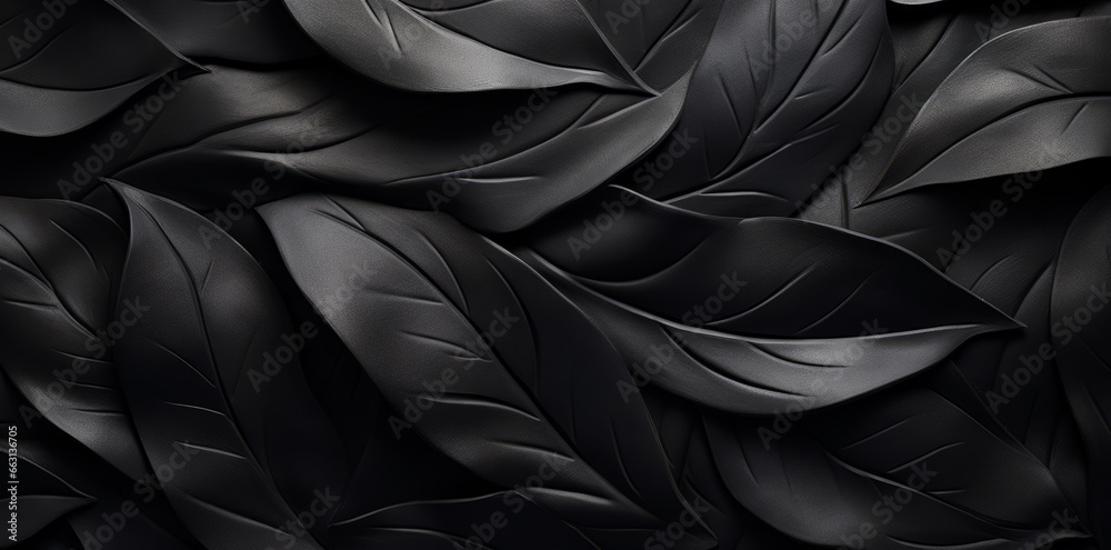 Obraz premium Textures of abstract black leaves for tropical leaf background. Flat lay, dark nature concept, tropical leaf