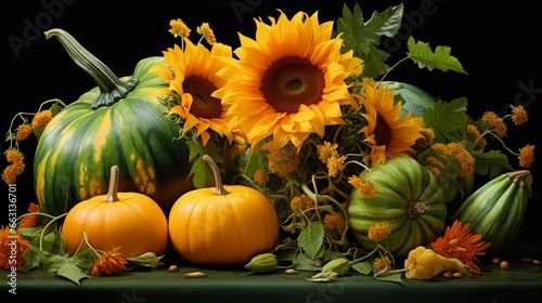 Green pumpkin and sunflowers