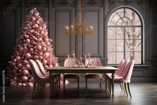 Luxurious dining room with a large pink Christmas tree. Christmas home decor