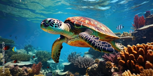 a beautiful sea turtle around very beautiful coral reef, AI Generative © Horsi