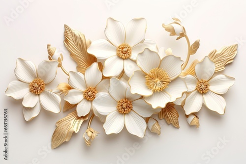 3d gold flowers white backgroung.