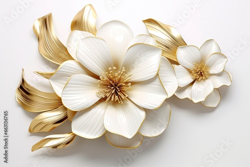 3d gold flowers white backgroung.