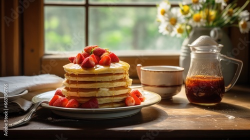 Delicious strawberry pancakes on the table. Generative AI
