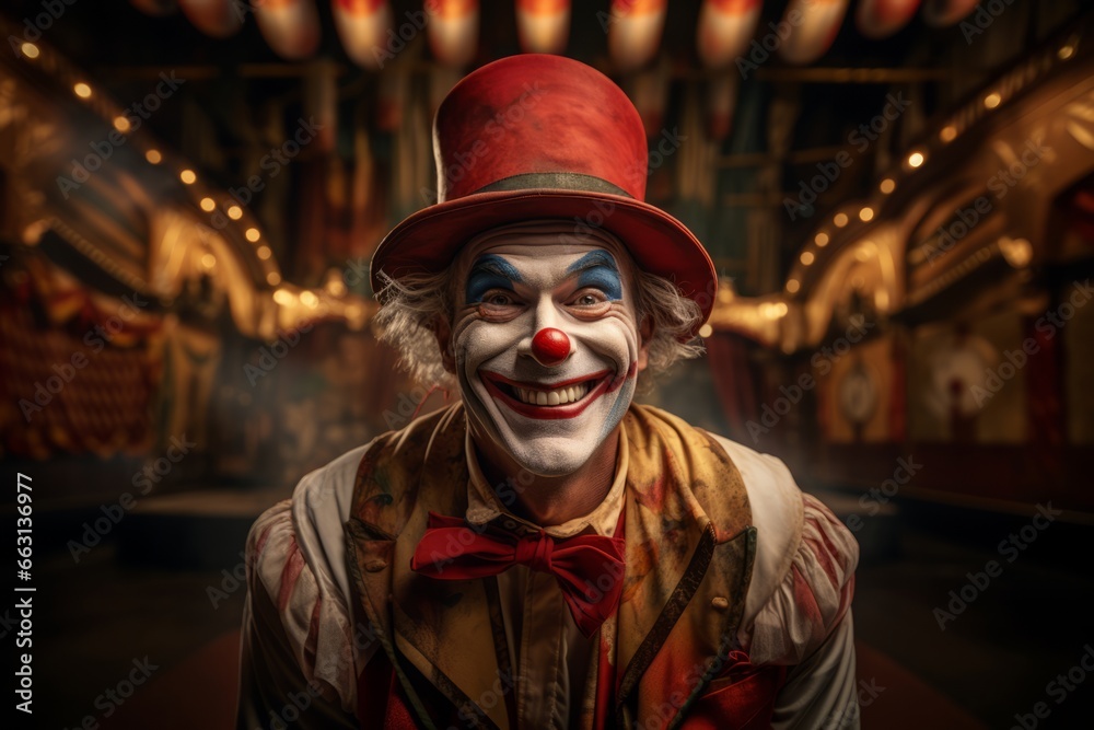 Portrait of a joyful clown with a beaming smile and a classic red nose, embracing the vintage circus atmosphere. Created with generative AI technology